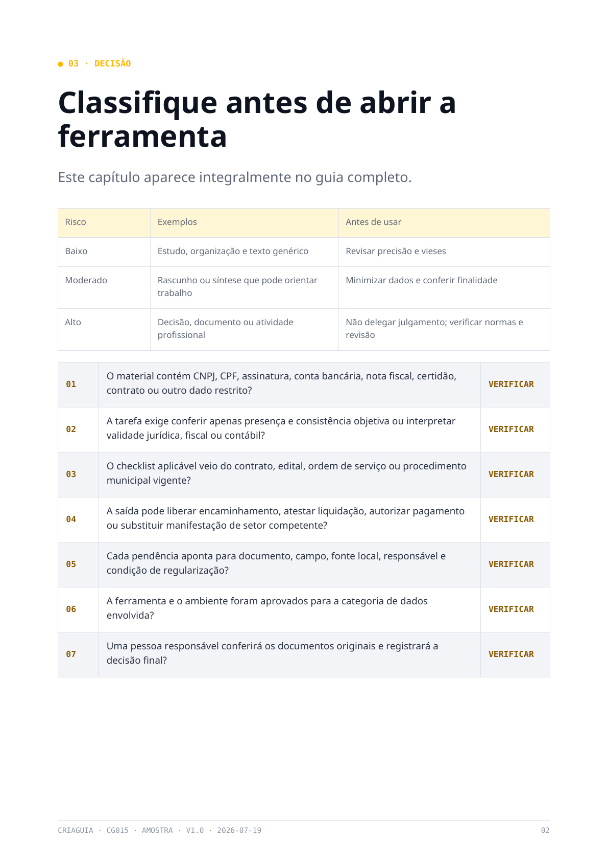 Prévia: Classifique o risco antes de abrir a ferramenta
