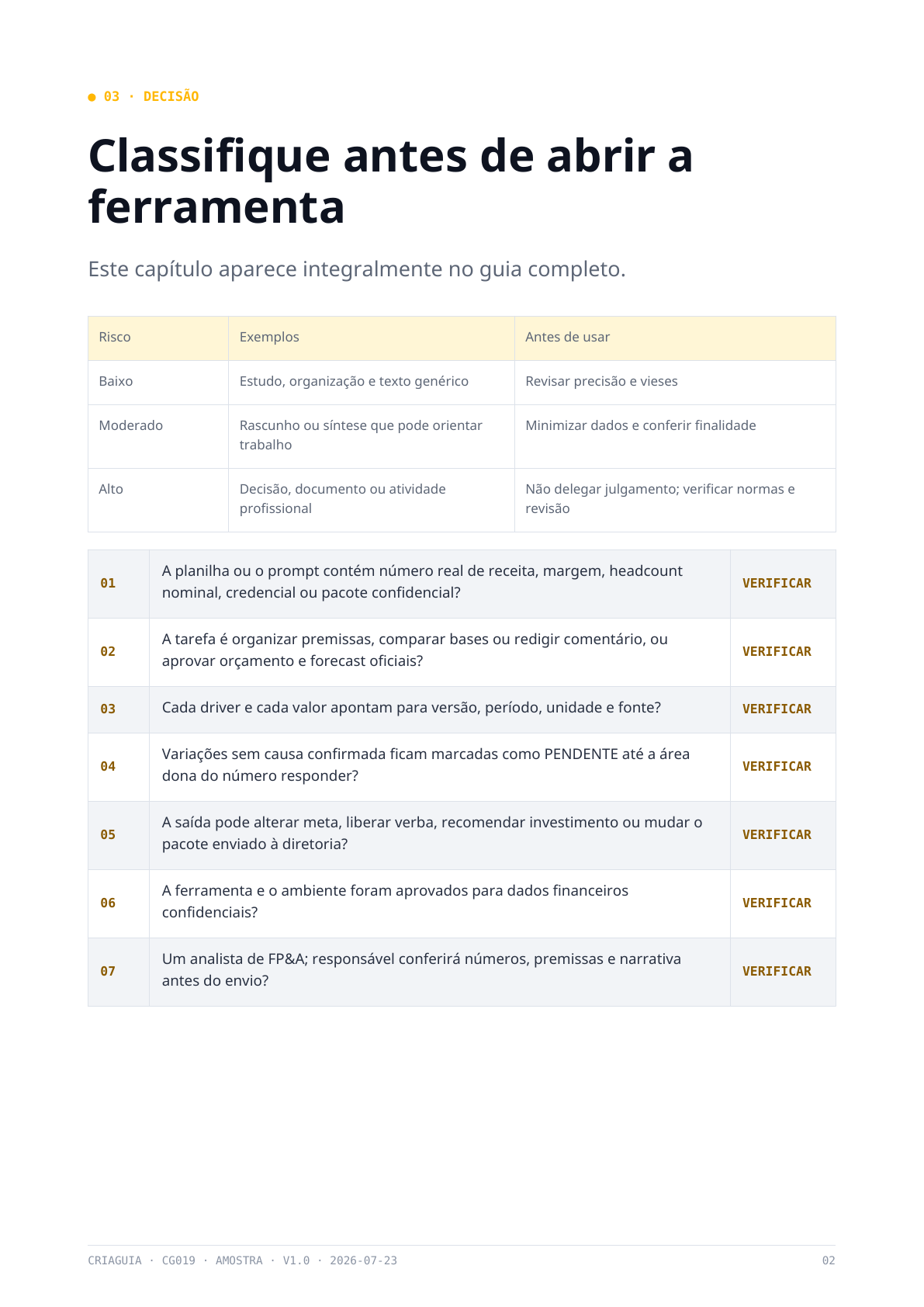 Prévia: Classifique o risco antes de abrir a ferramenta