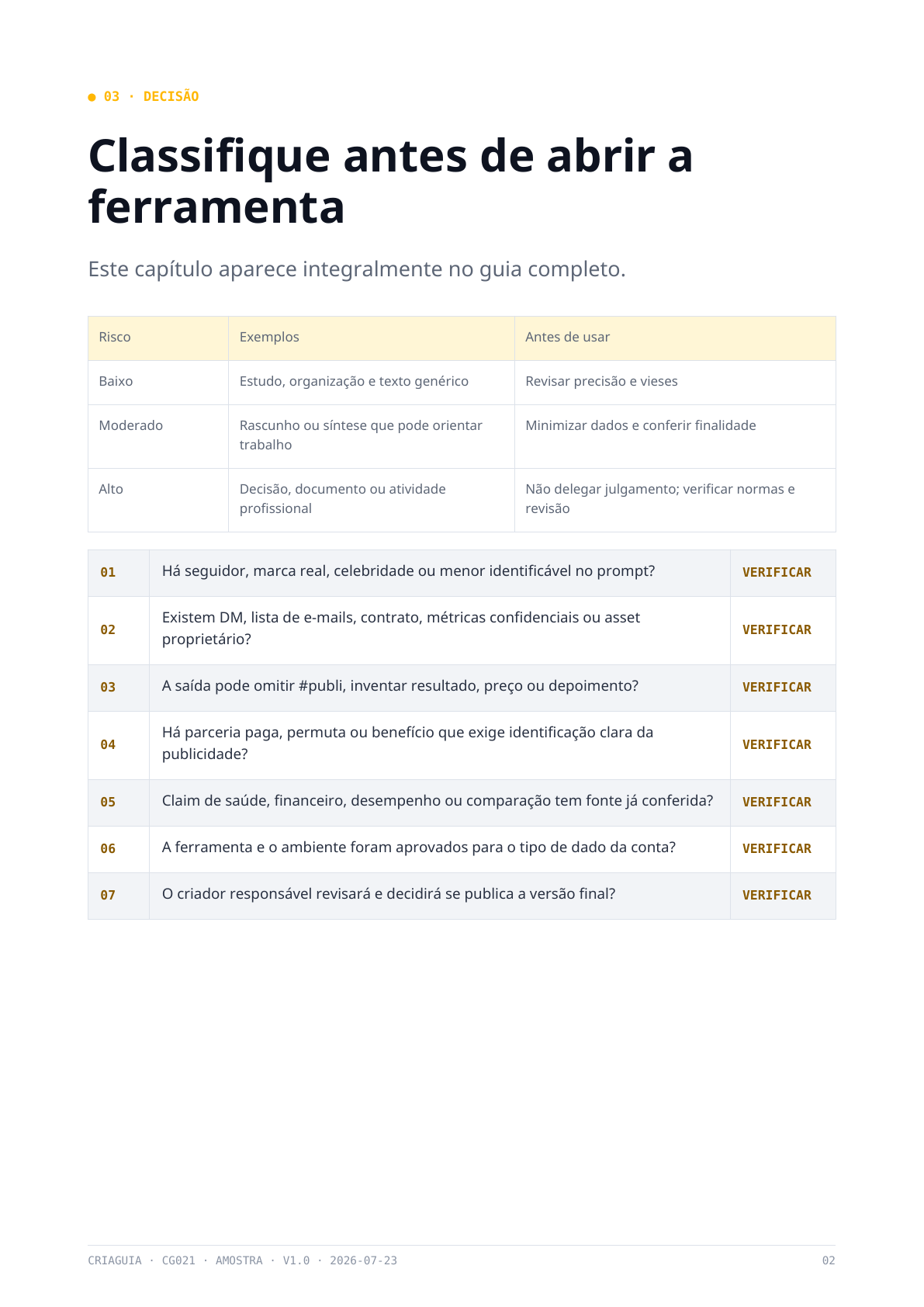 Prévia: Classifique o risco antes de abrir a ferramenta