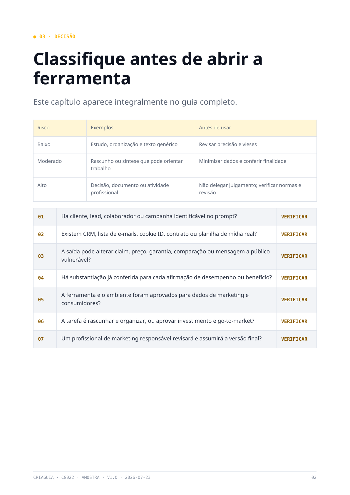 Prévia: Classifique o risco antes de abrir a ferramenta