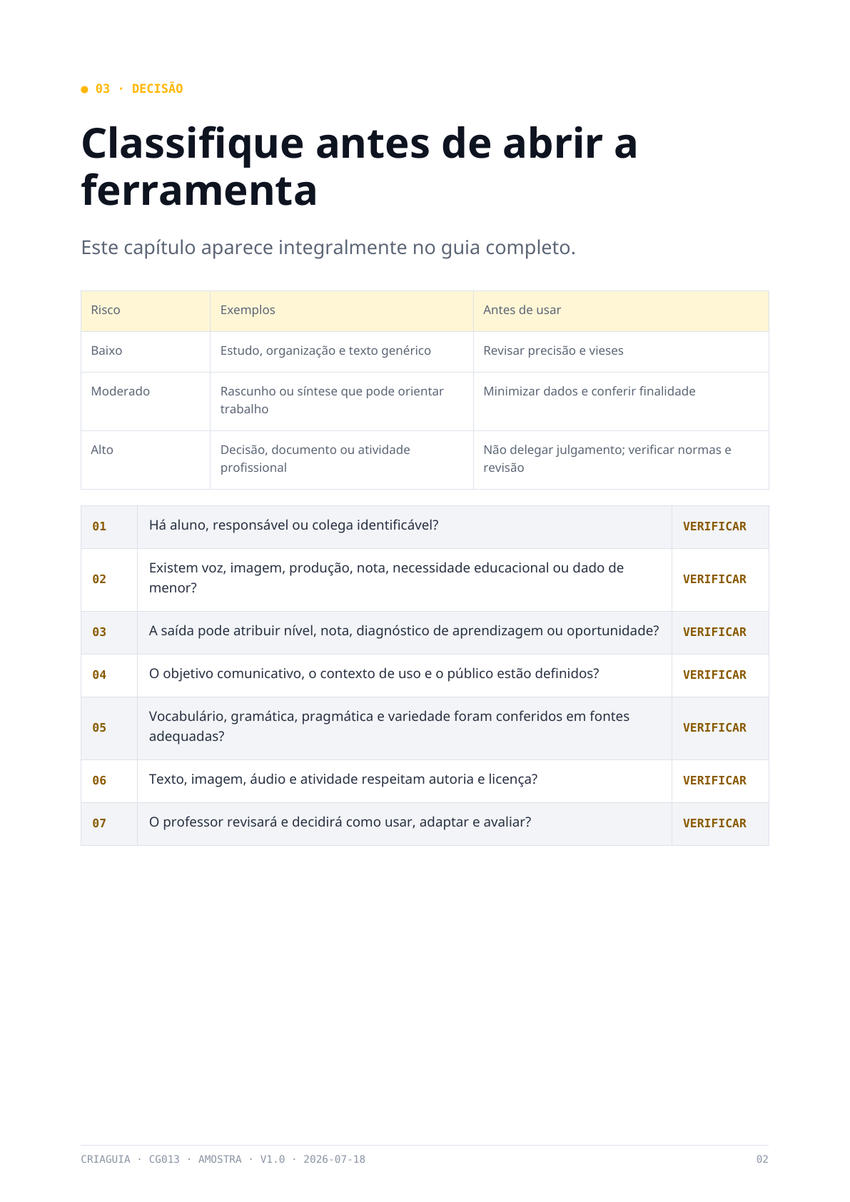 Prévia: Classifique o risco antes de abrir a ferramenta