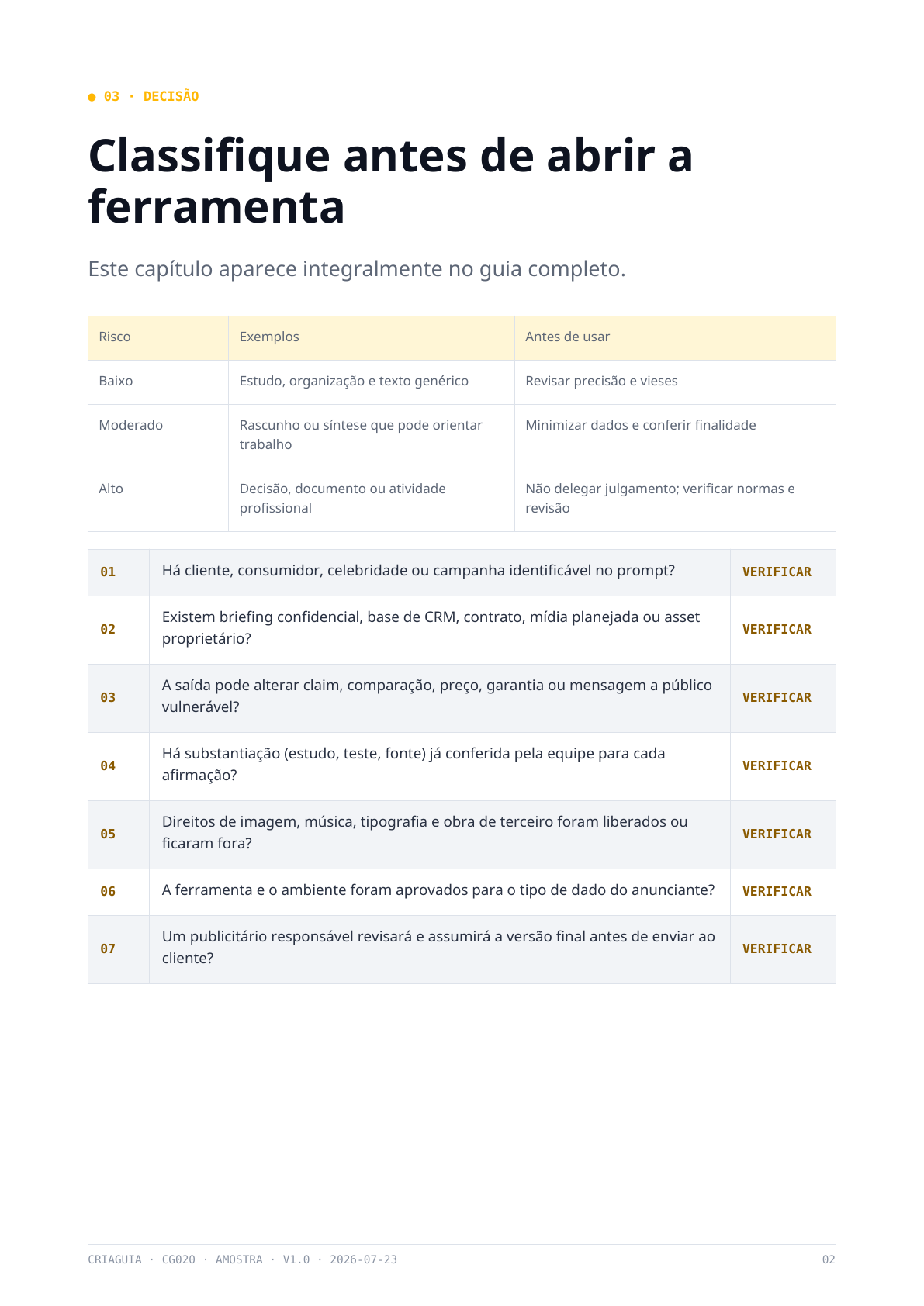 Prévia: Classifique o risco antes de abrir a ferramenta